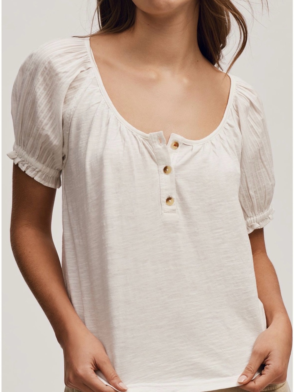 Pilcro Cream Scoop-Neck Henley with Puff Short Sleeves